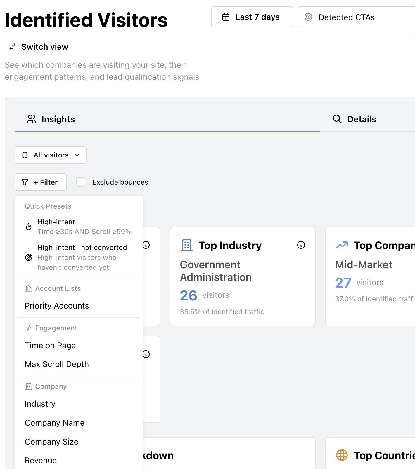 Identified Visitors filter dropdown showing Account Lists section with a Priority Accounts option