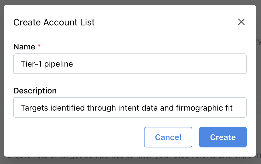 Create Account List dialog with Name and Description fields