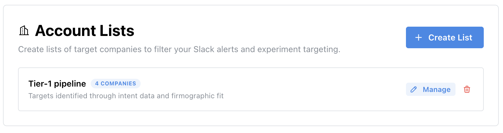 Account Lists overview showing a list with 4 companies, with Manage and delete options