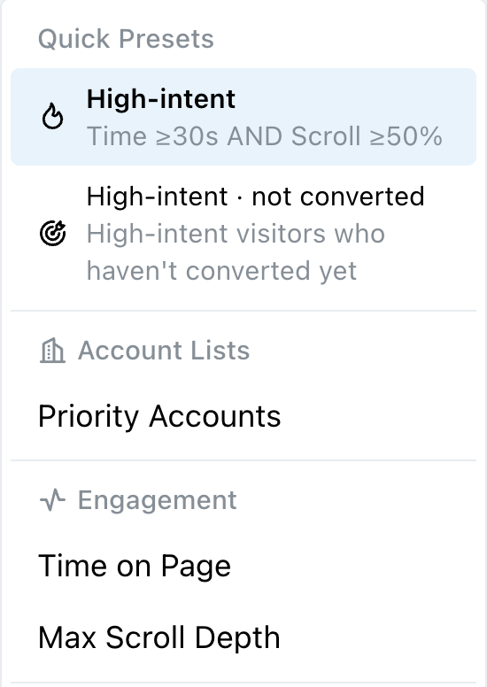 Identified Visitors filter menu showing Quick Presets, Account Lists, Engagement, Company, Location, and Job filter categories