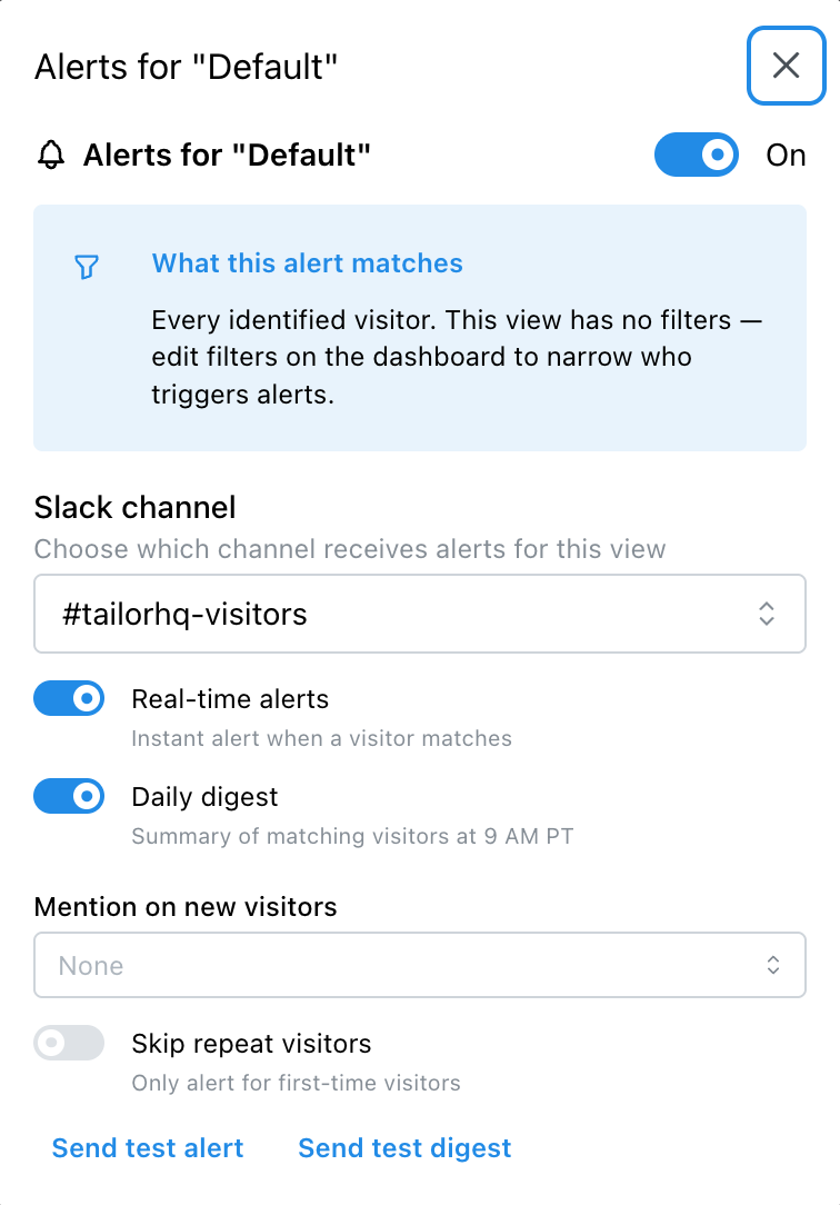 Slack alert configuration for an identified-visitor view with channel selector, real-time and daily digest toggles, mention dropdown, and skip repeat visitors option