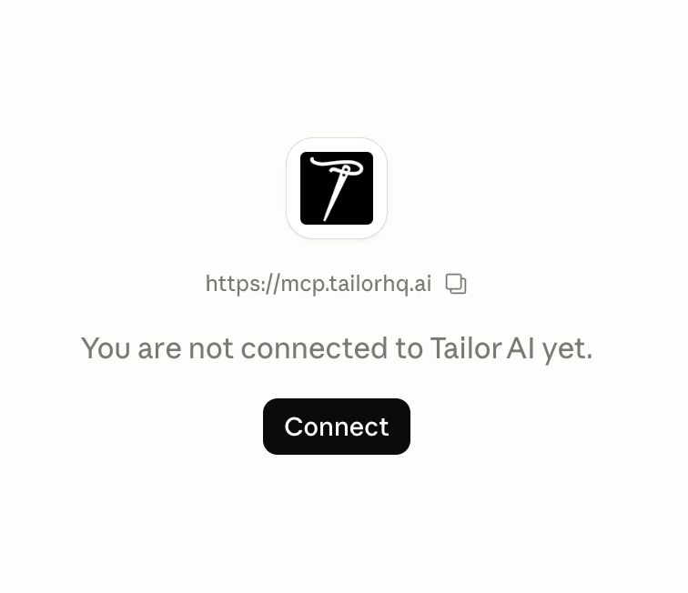 Claude desktop Tailor connector screen showing the MCP URL https://mcp.tailorhq.ai and a Connect button