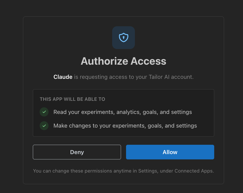 Tailor OAuth authorize screen asking the user to allow Claude to read and make changes to experiments, analytics, goals, and settings