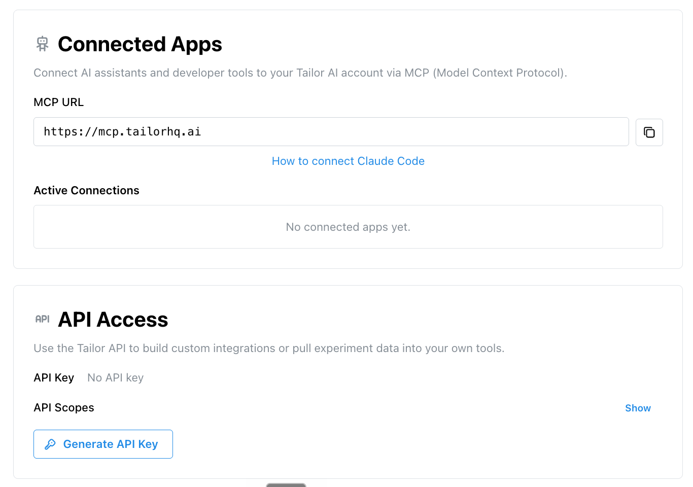 Tailor settings page showing Connected Apps with MCP URL https://mcp.tailorhq.ai and API Access section with a Generate API Key button