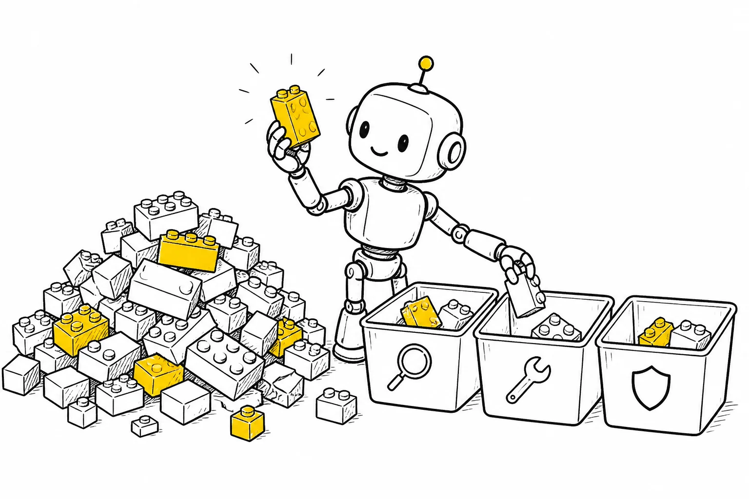 Illustration: a robot sorts a pile of toy building bricks into three bins marked with a magnifying glass, a wrench, and a shield