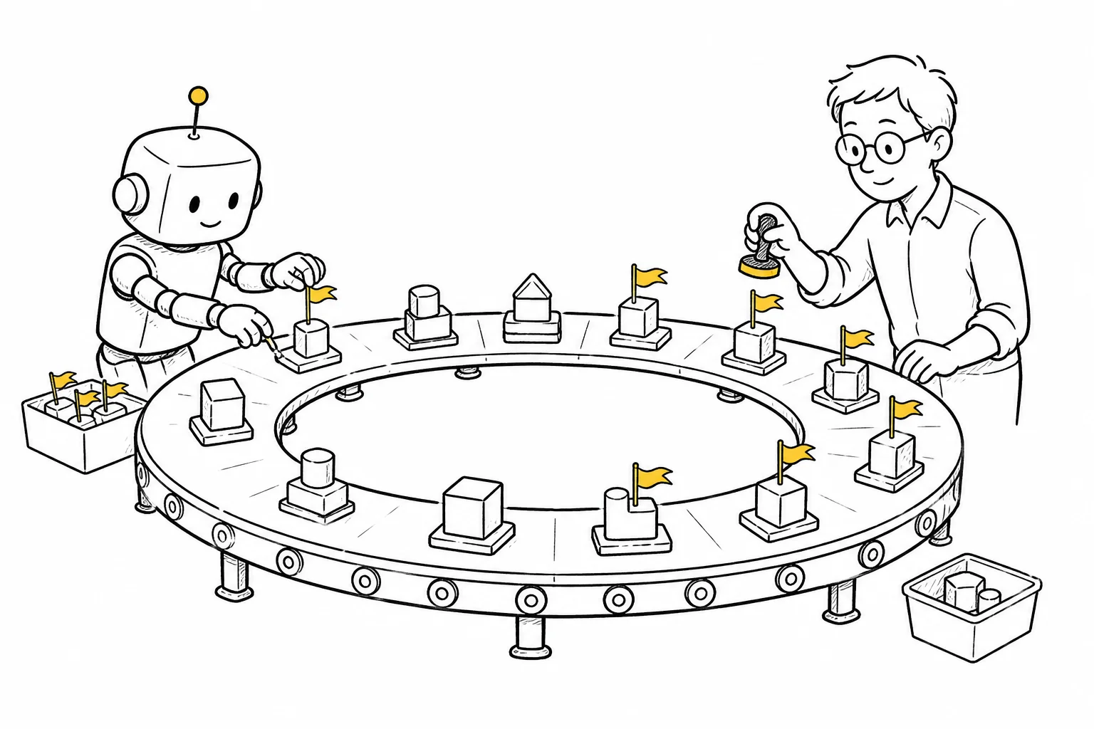 Illustration: a circular conveyor belt where a robot places toy blocks on one side and a person with a rubber stamp approves them on the other, approved blocks carrying small yellow flags