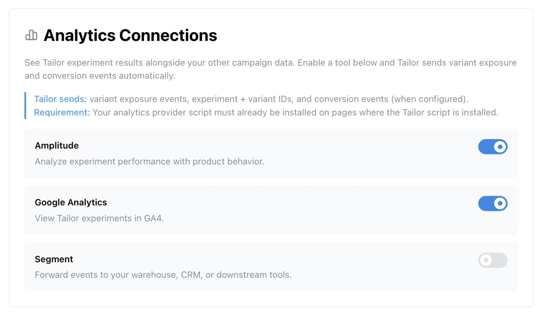 Tailor's Analytics Connections settings, with Segment switched on to receive variant exposure events
