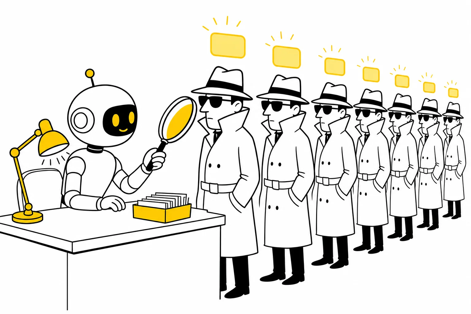 Illustration: visitors in trench coats and sunglasses with glowing name tags above them, inspected politely by a robot