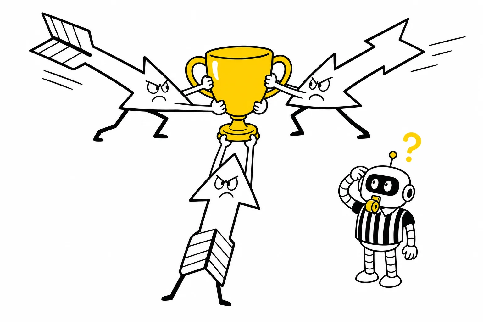 Illustration: three arrows from different directions grab the same trophy while a referee robot watches
