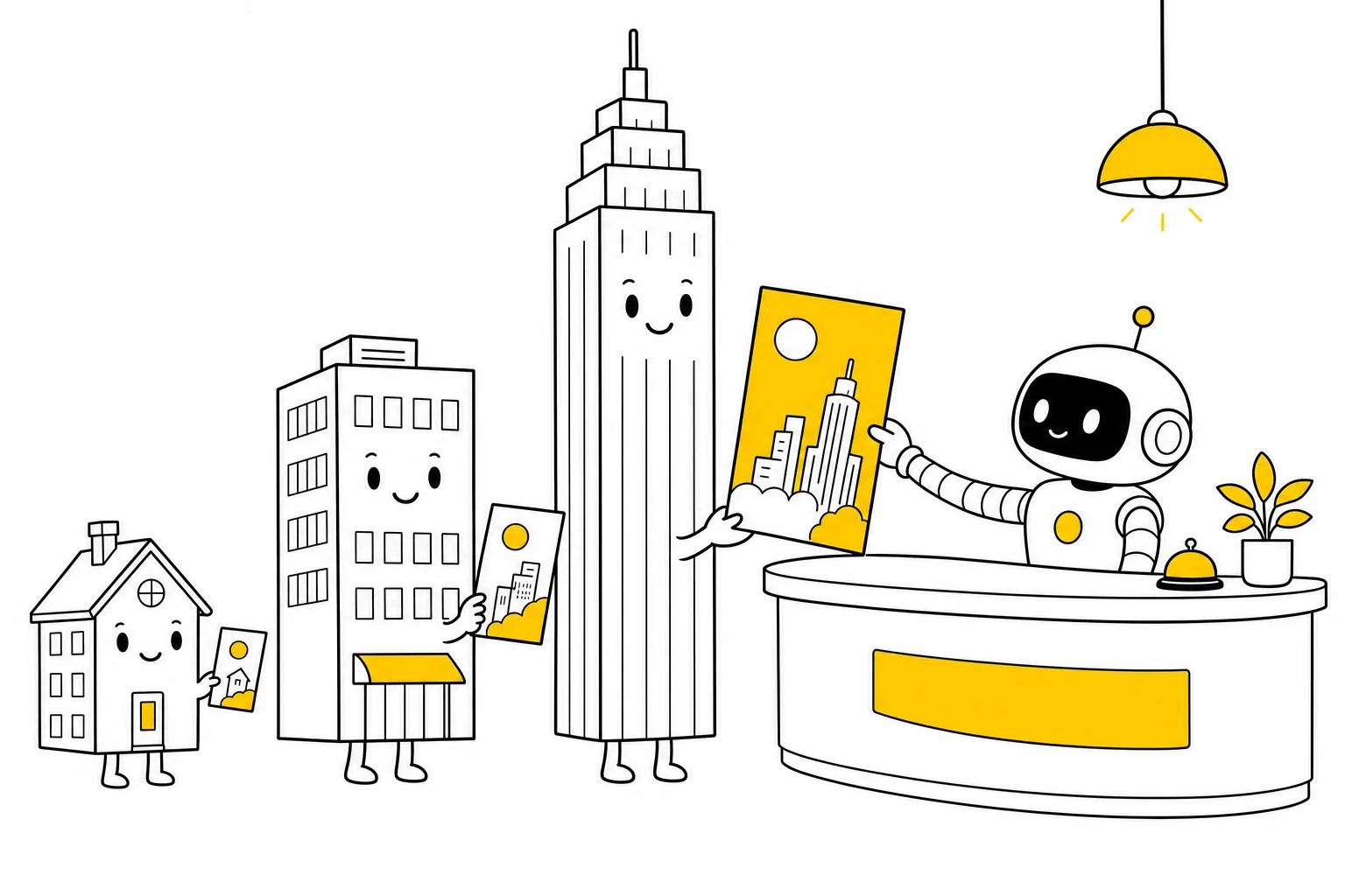 Illustration: office buildings of different sizes at a reception desk each receive a matching brochure from a robot