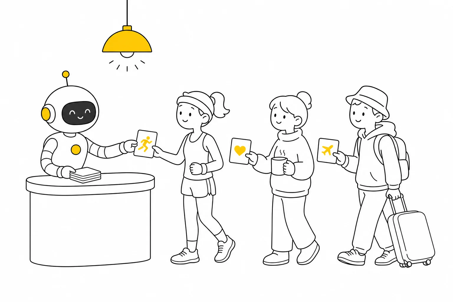 Illustration: a robot hands a jogger, a coffee drinker, and a traveler each a card matching their interest