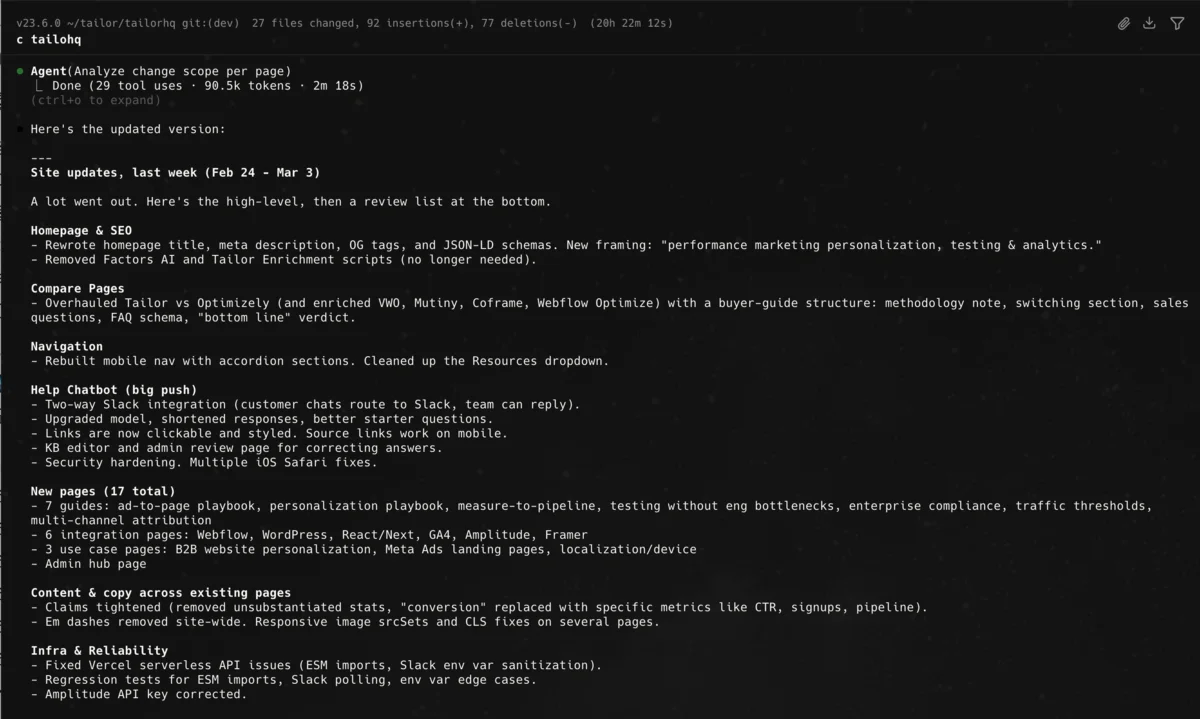 Claude Code working inside the Tailor codebase, shipping site updates across 27 files