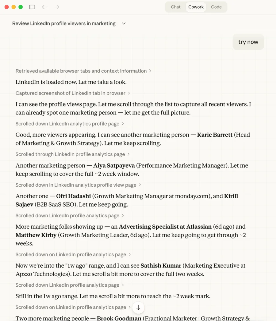 Claude scanning through LinkedIn profile viewers, identifying marketing people