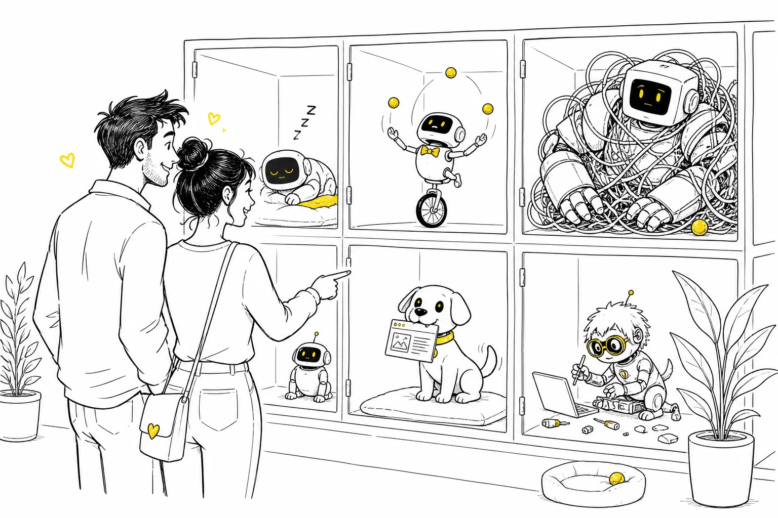 Illustration: a couple at a robot adoption center chooses between kennels: a sleeping robot, a robot doing tricks, a giant robot tangled in its own cables, and a small robot dog calmly holding a finished webpage
