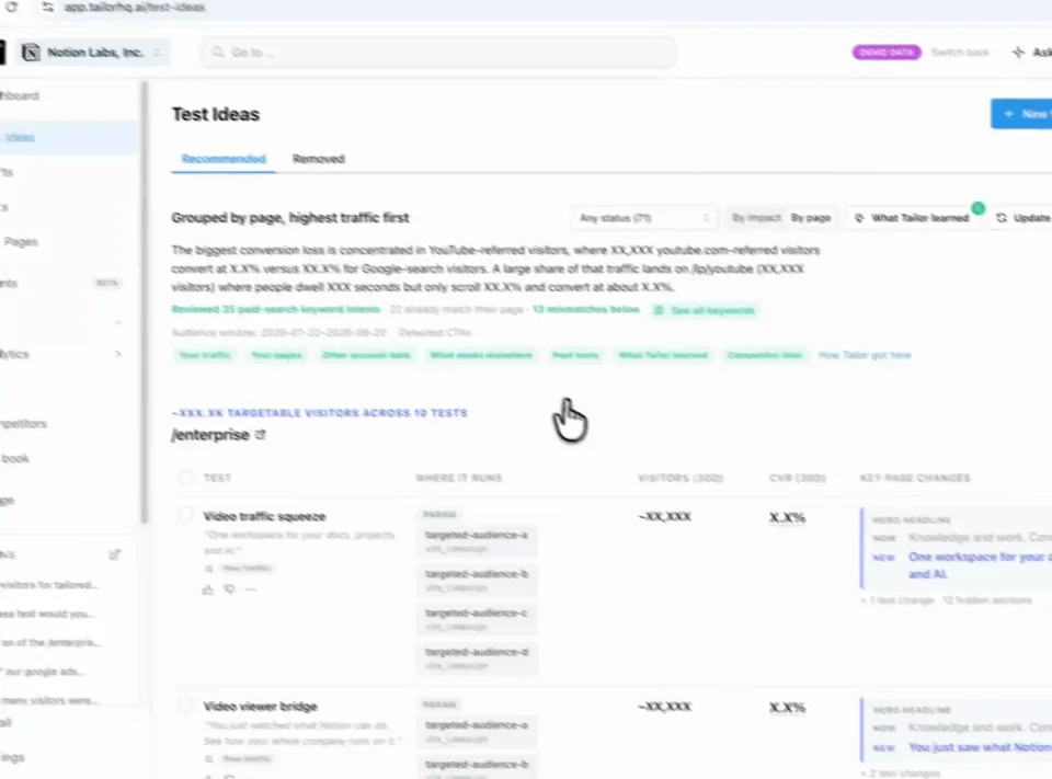Tailor recommends website tests, with the audience and proposed page changes visible for review.