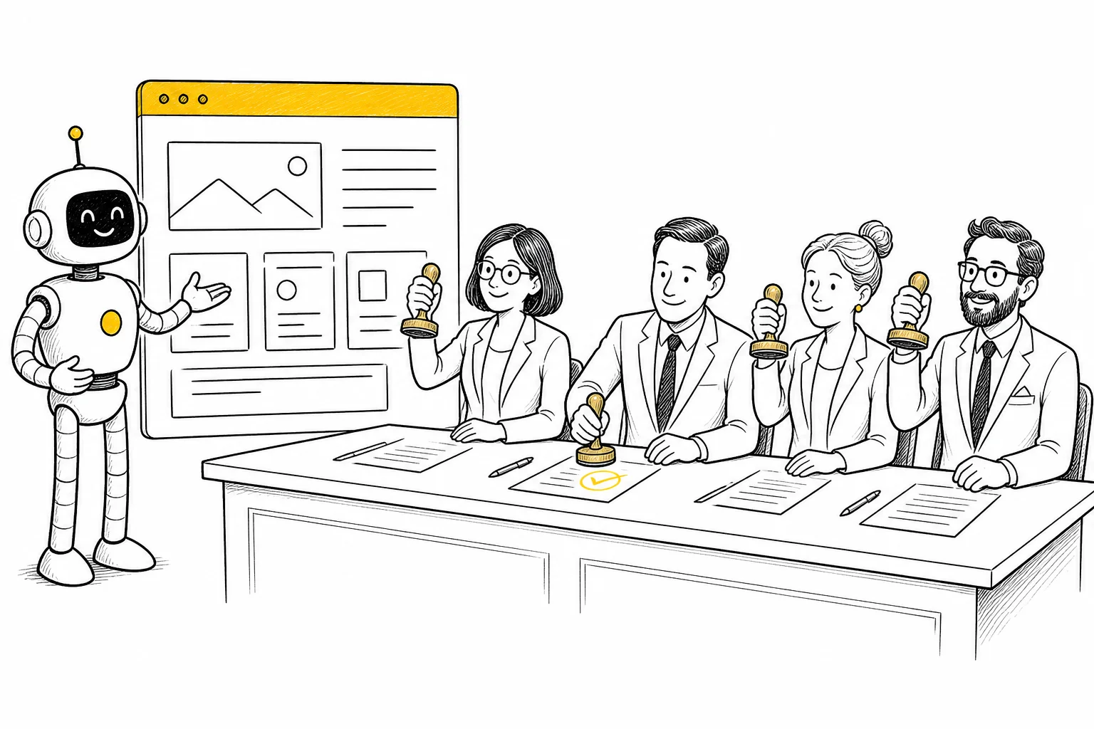 Illustration: a robot presents a webpage to a review panel of four professionals, each holding a rubber stamp by its handle, one stamping a yellow check of approval