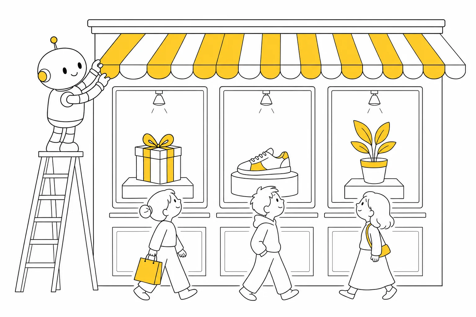 Illustration: a robot on a ladder arranges three storefront windows while each passing shopper looks at a different display