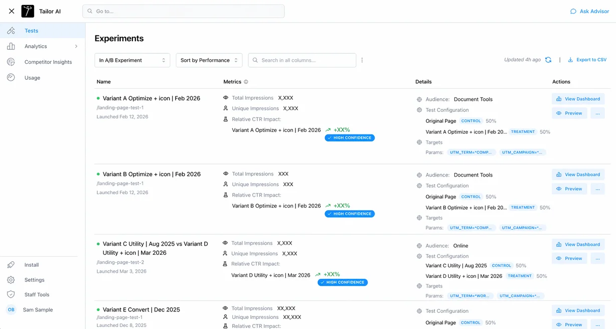 Tailor experiments dashboard listing A/B tests with per-variant CTR impact, winner detection, and segment-level detail
