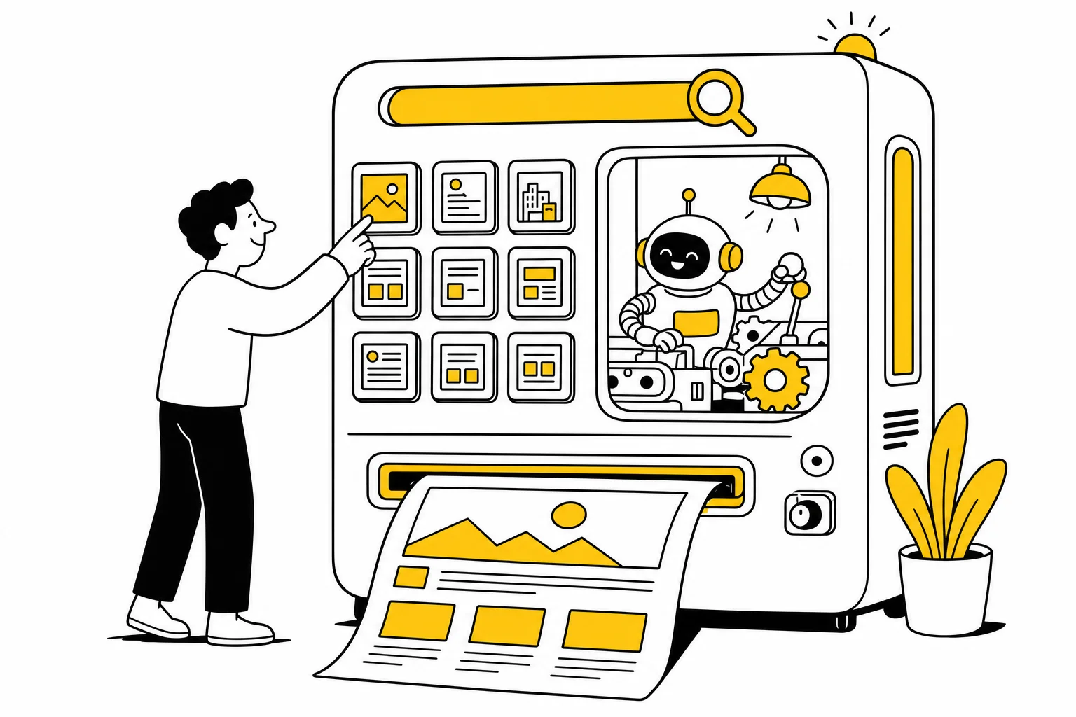Illustration: a search vending machine dispenses a webpage that exactly matches what the visitor typed