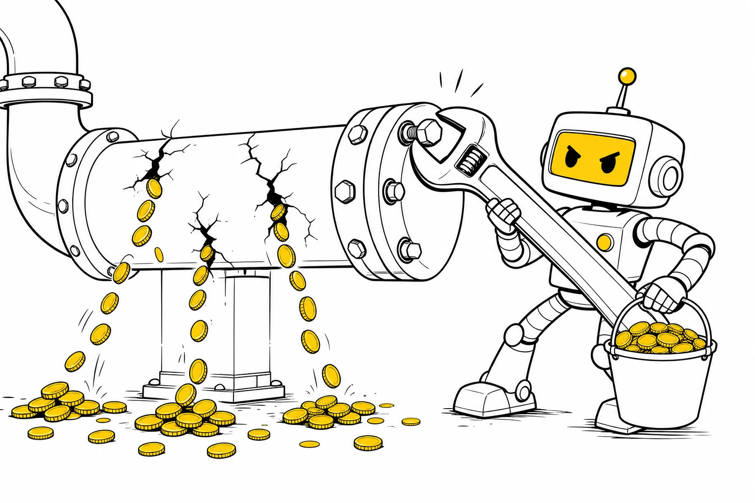 Illustration: gold coins leak from cracks in a pipe while a robot tightens a bolt and catches coins in a bucket