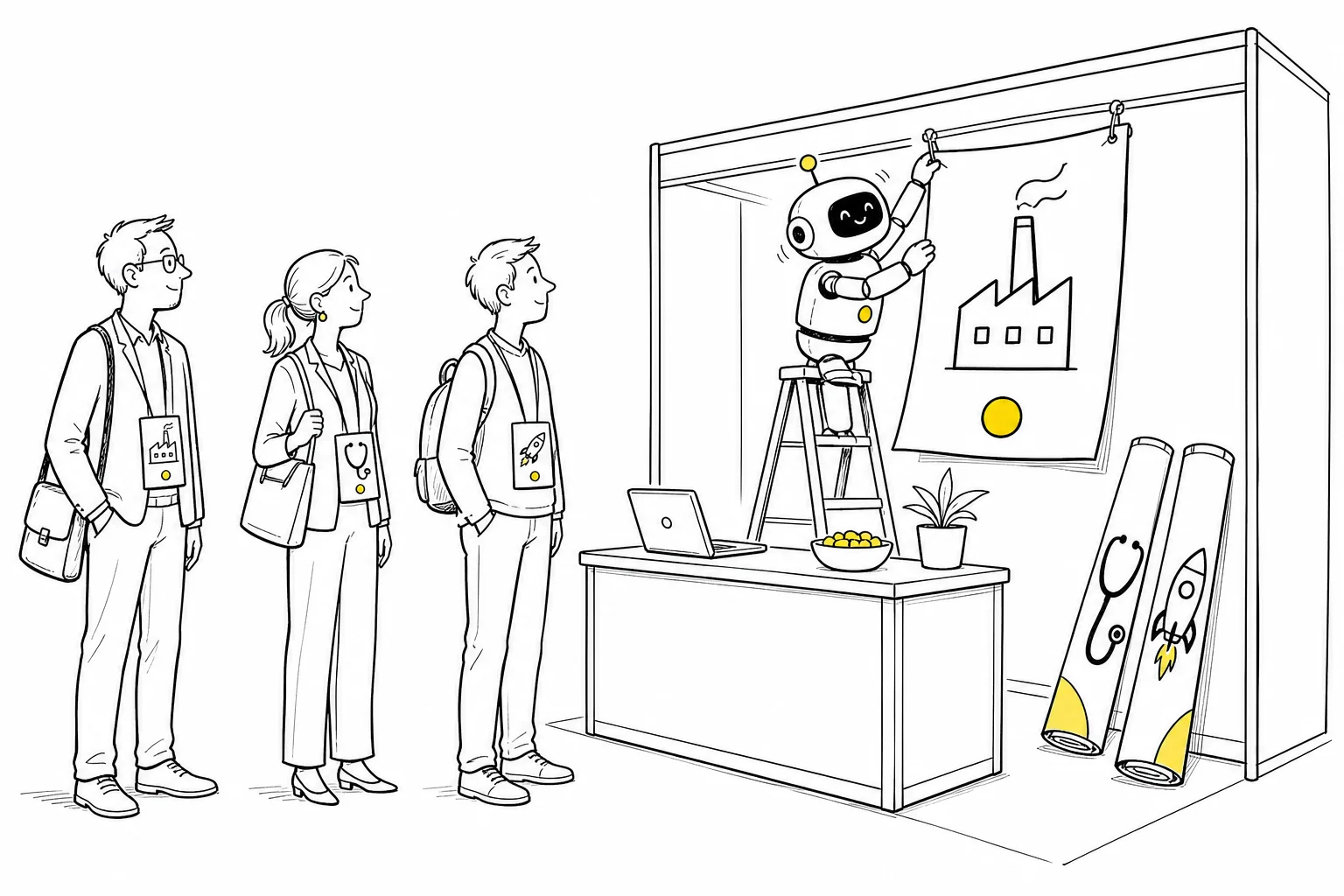 Illustration: professionals queue at a trade-show booth wearing badges with a factory, stethoscope, and rocket icon, while a robot on a ladder hangs a booth banner matching the first visitor's badge