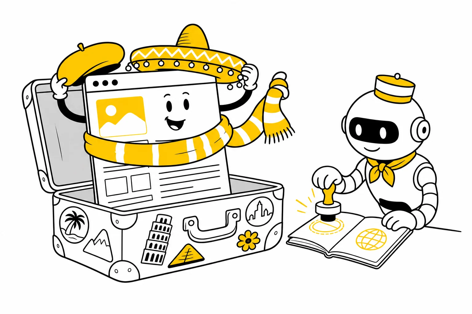 Illustration: a webpage in a travel suitcase wears a beret, a sombrero, and a scarf while a robot stamps a passport