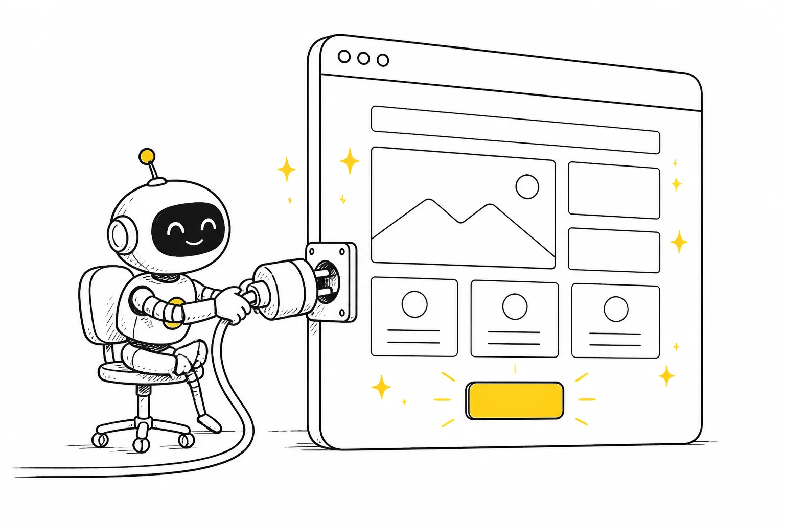Illustration: a friendly robot in an office chair plugs a large power cable into the side of a browser window, and the webpage inside lights up