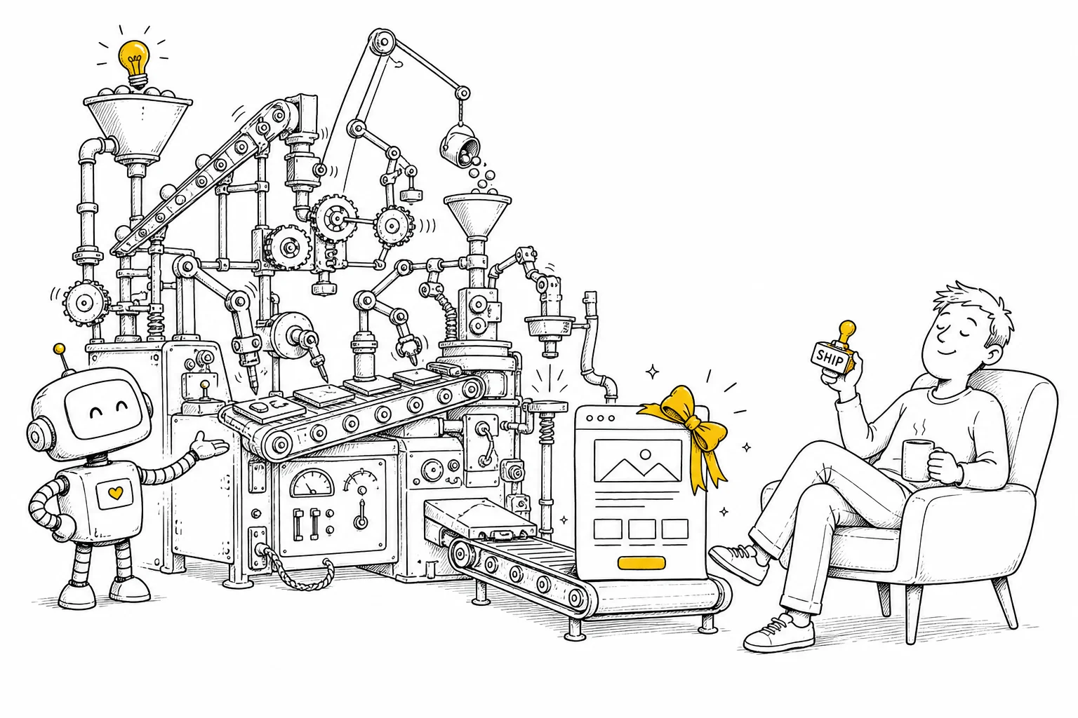 Illustration: a robot presents an enormous Rube Goldberg machine that assembles a webpage, while a relaxed human with a coffee holds one small rubber stamp that says SHIP