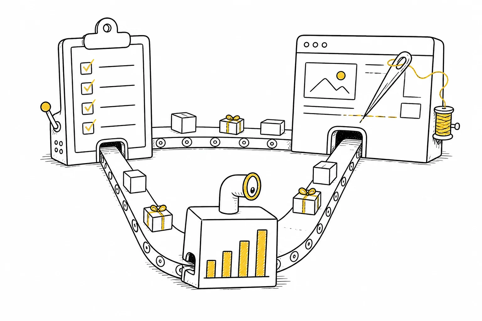 Illustration: three machines connected by a conveyor belt passing parcels: a clipboard with a checklist, a browser window being stitched by a sewing needle, and a bar chart with a periscope