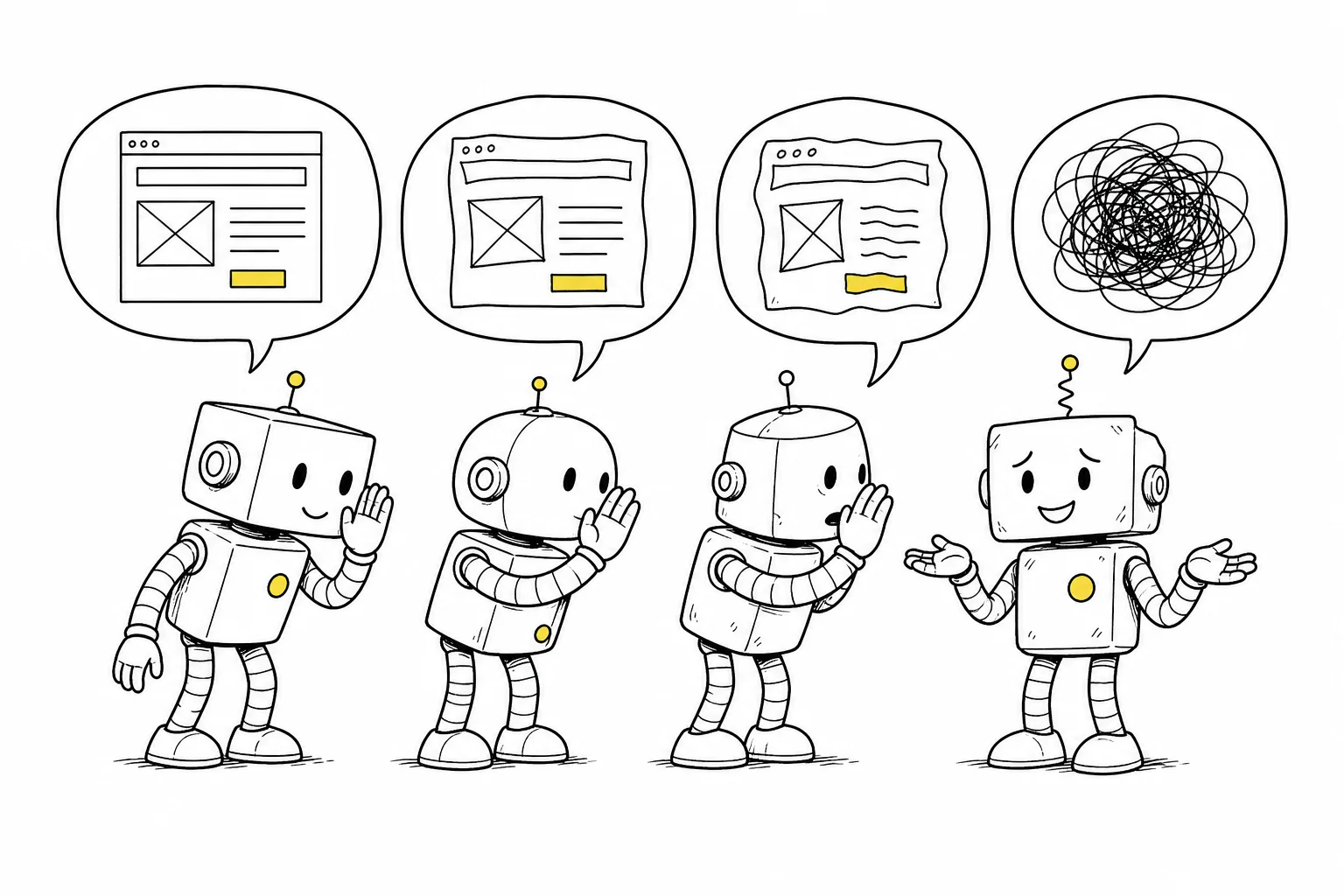 Four robots play telephone: the first whispers a crisp webpage wireframe, which degrades at each hop until the last robot's speech bubble is only a scribble