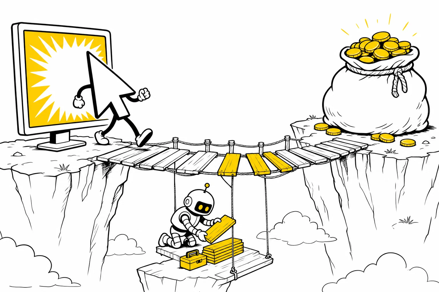 Illustration: a cursor character crosses a bridge from a computer screen to a bag of coins while a robot patches the gaps