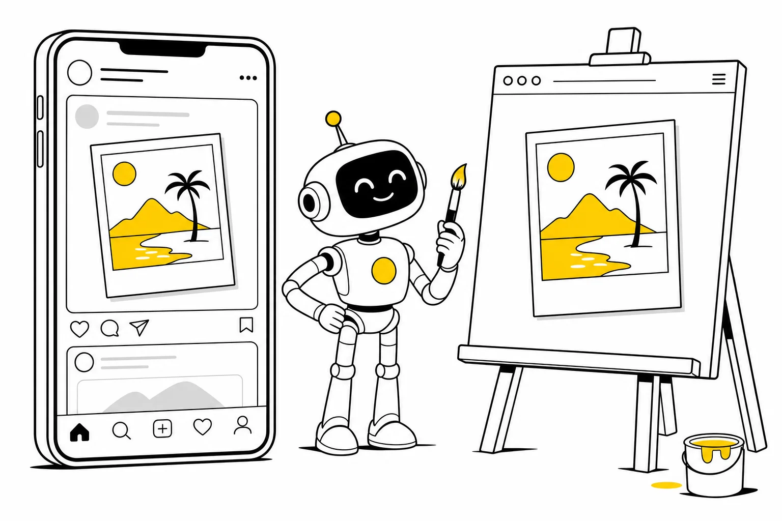 Illustration: a robot artist checks that the landing page on an easel matches the ad in the social feed