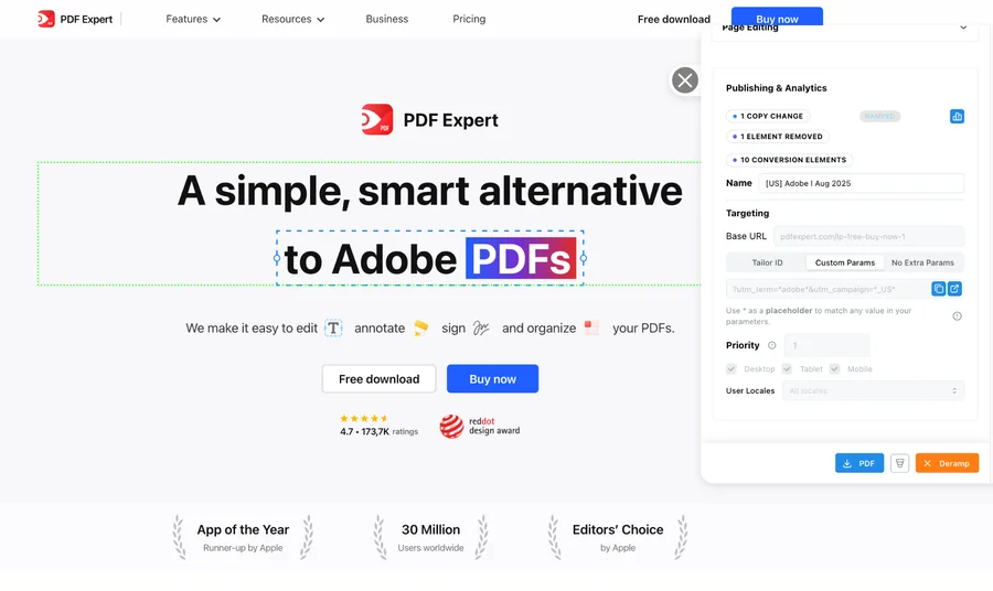 PDF Expert's Adobe-intent variation, headed A simple, smart alternative to Adobe PDFs.