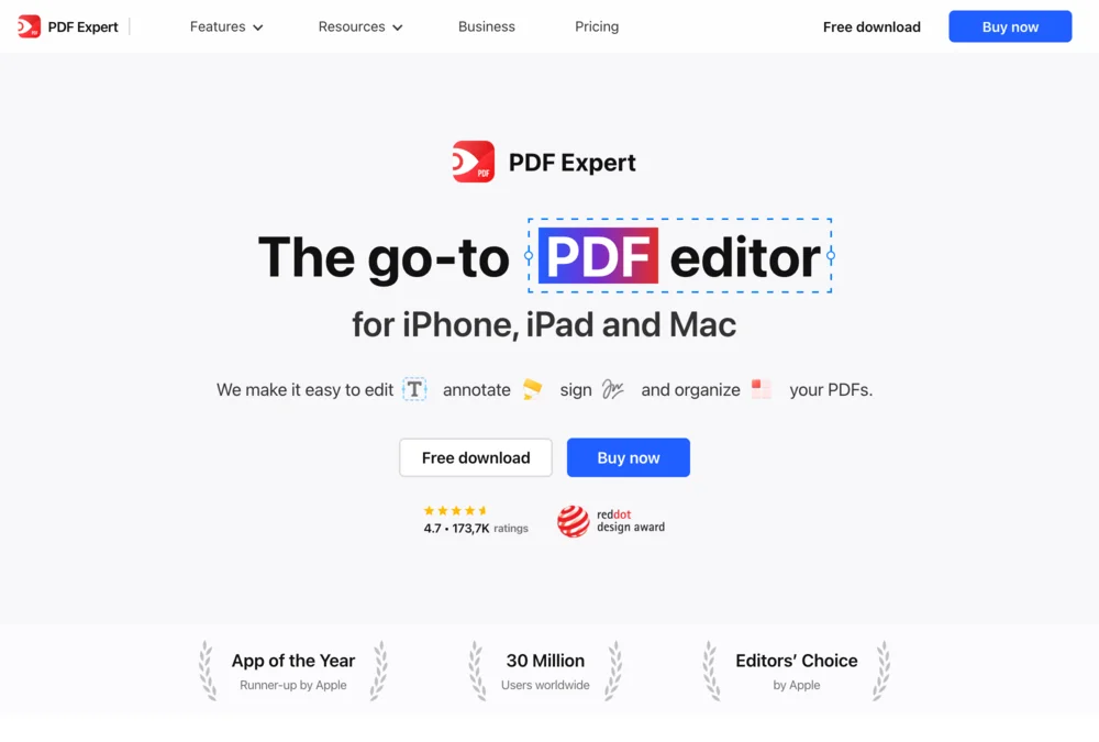 PDF Expert's original page, headed The go-to PDF editor.