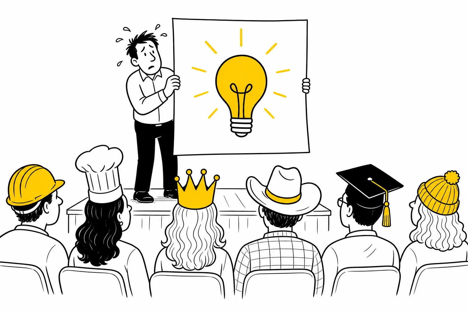 Illustration: a speaker presents one poster to an audience where every member wears a different hat