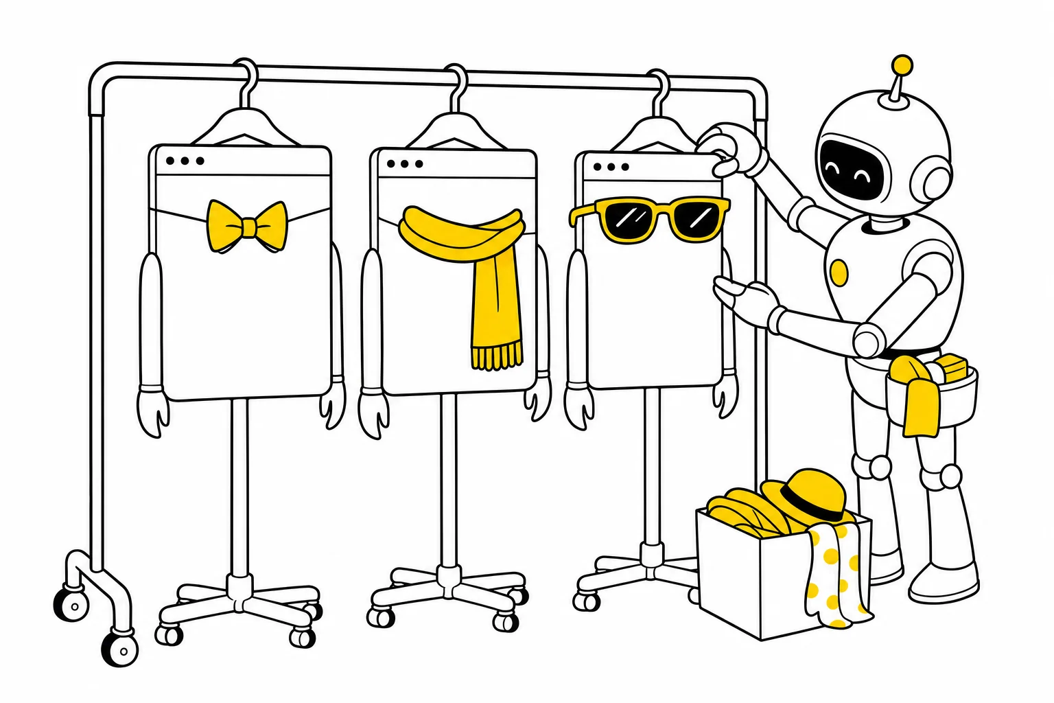 Illustration: a robot stylist dresses identical browser-window mannequins differently on a clothing rack