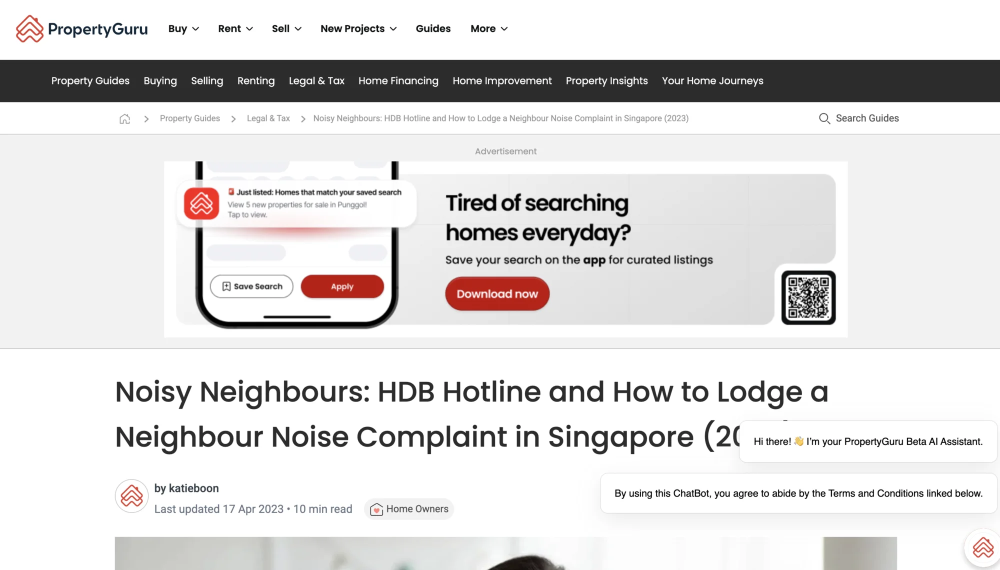 PropertyGuru Noisy Neighbours guide page baseline with top advertisement