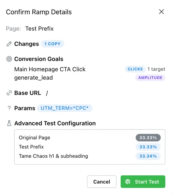 Confirm Ramp Details dialog showing page name, changes, conversion goals (click and Amplitude), base URL, targeting params, and variant traffic split before starting a test