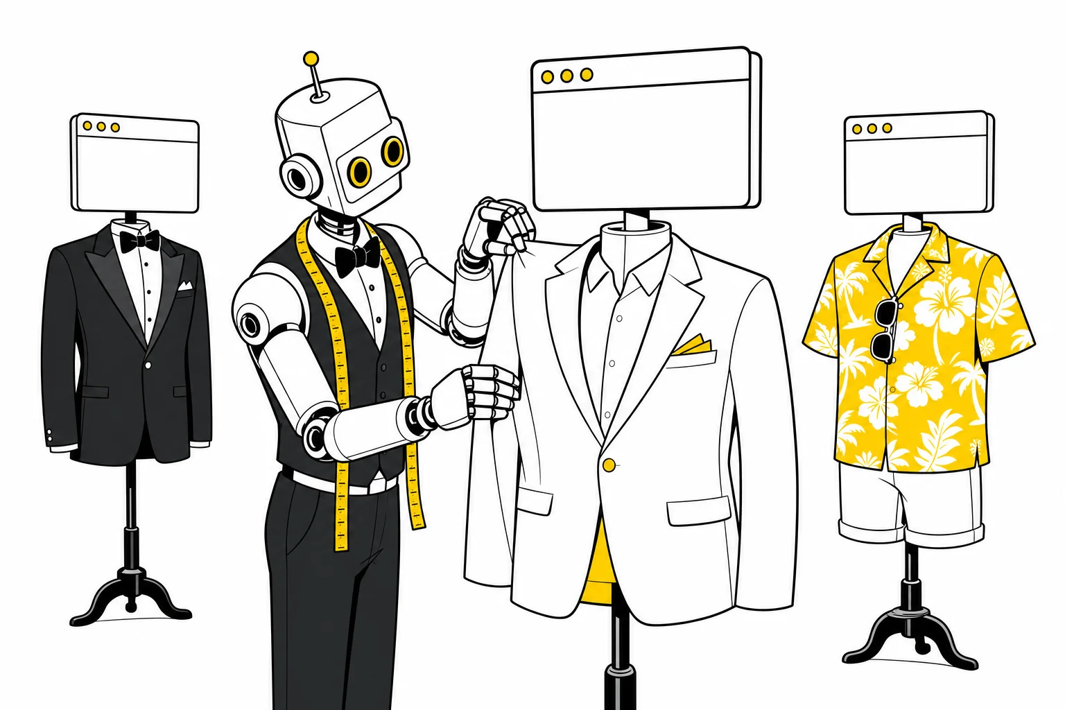 Illustration: a robot tailor fits a suit onto a browser-window mannequin while other browser windows wear a tuxedo and a tropical shirt, one personalized landing page per audience
