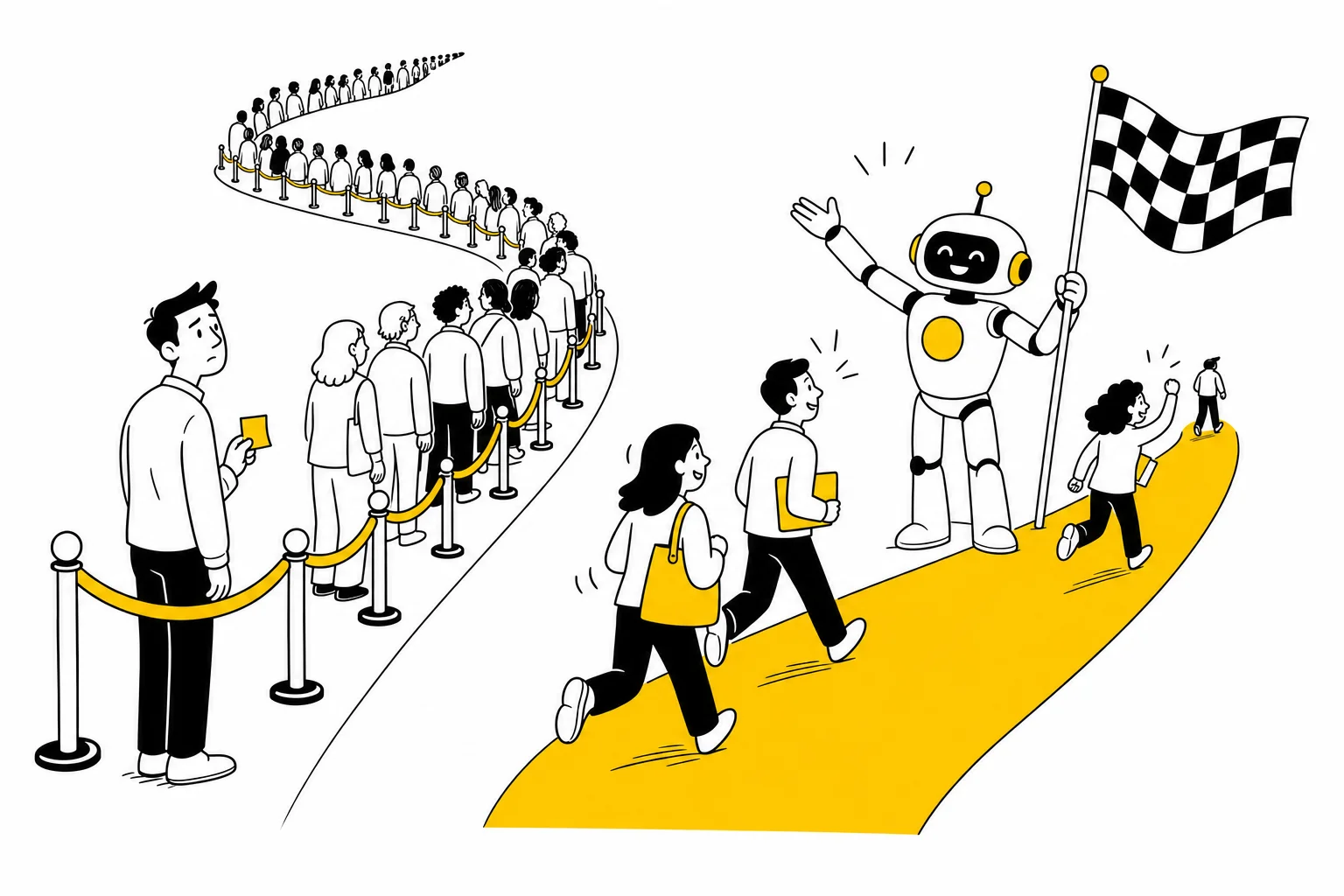 Illustration: a marketer with one sticky note waits in a roped queue while a robot waves others through a fast lane