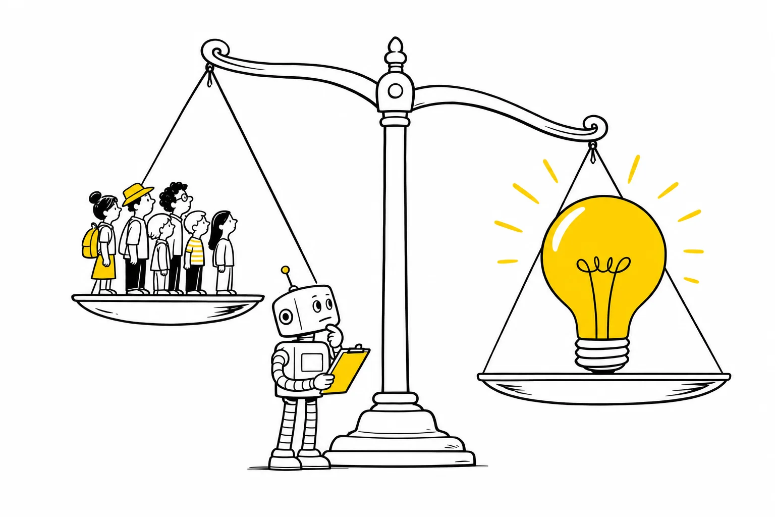 Illustration: a small crowd of visitors on one side of a giant balance scale, weighed against a single lightbulb