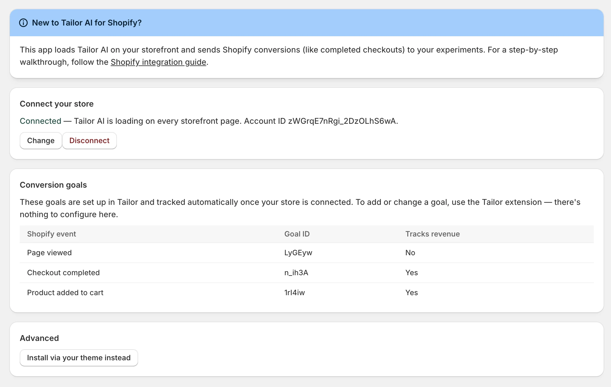 The Tailor AI app in Shopify Admin showing the Connect your store section with the Account ID field, above the Conversion tracking mappings