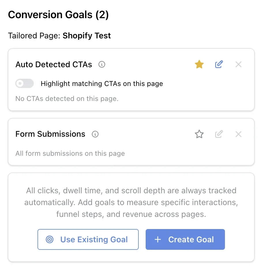 The Conversion Goals panel with the Create Goal button