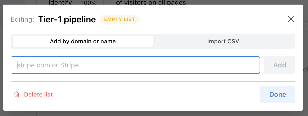 Add companies by domain or name with input field and Add button