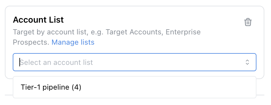 Account List targeting selector with dropdown to choose a list