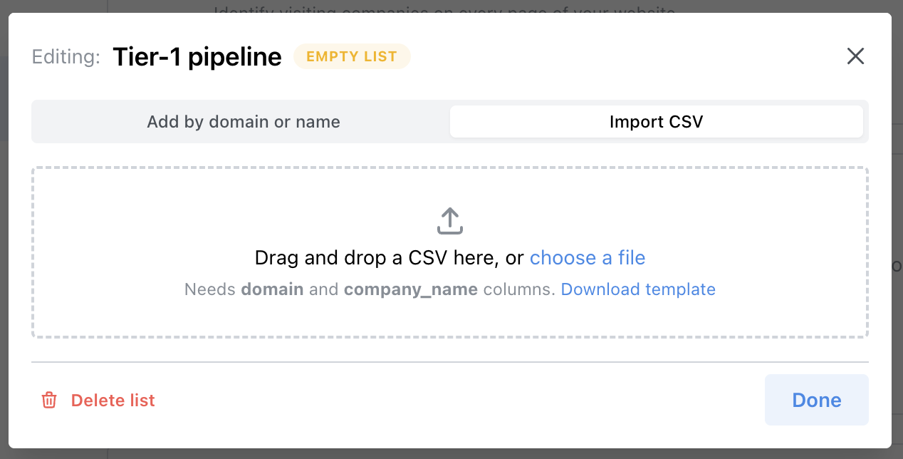 Import CSV tab with drag-and-drop area