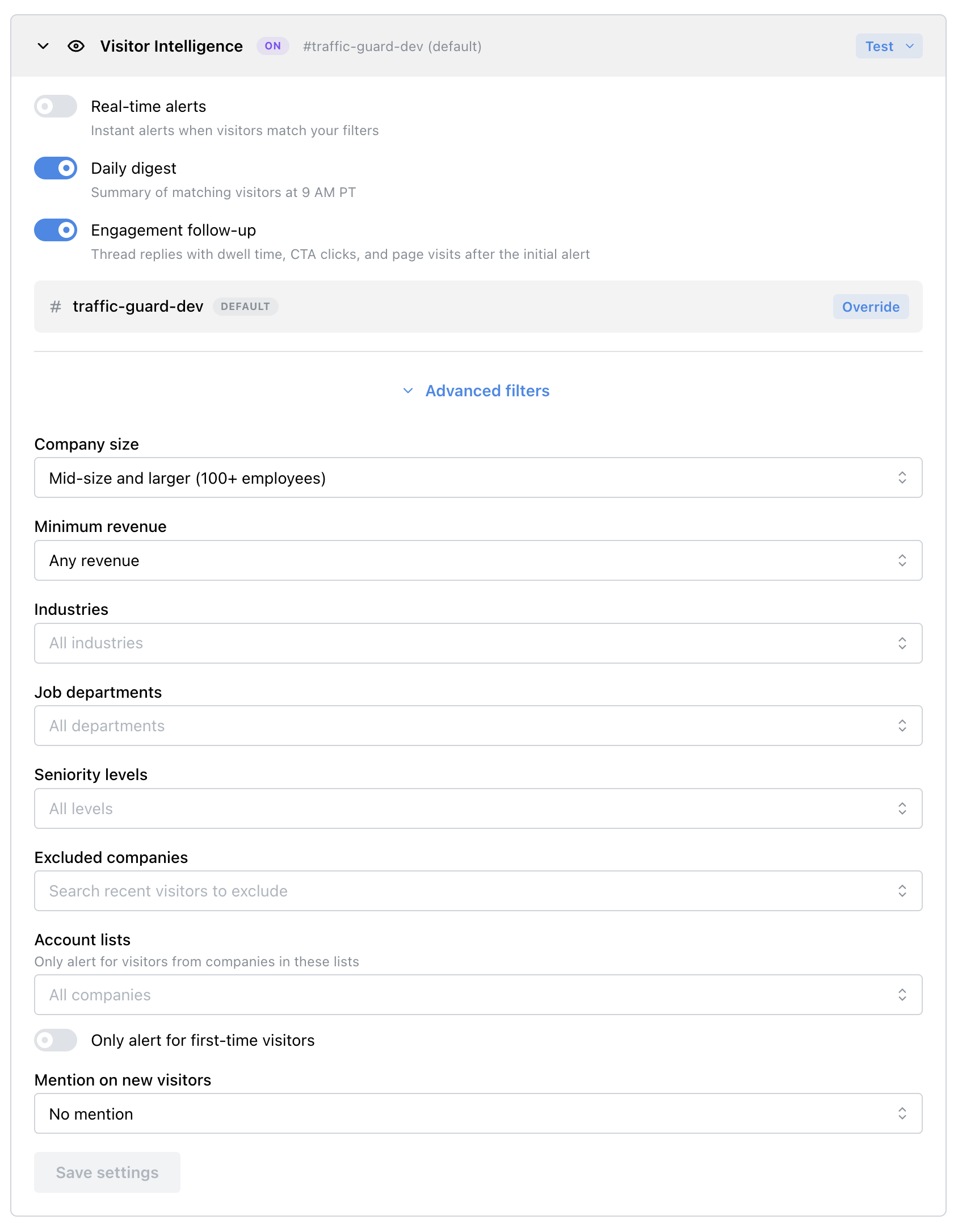 Visitor Intelligence notification settings showing the Account lists filter