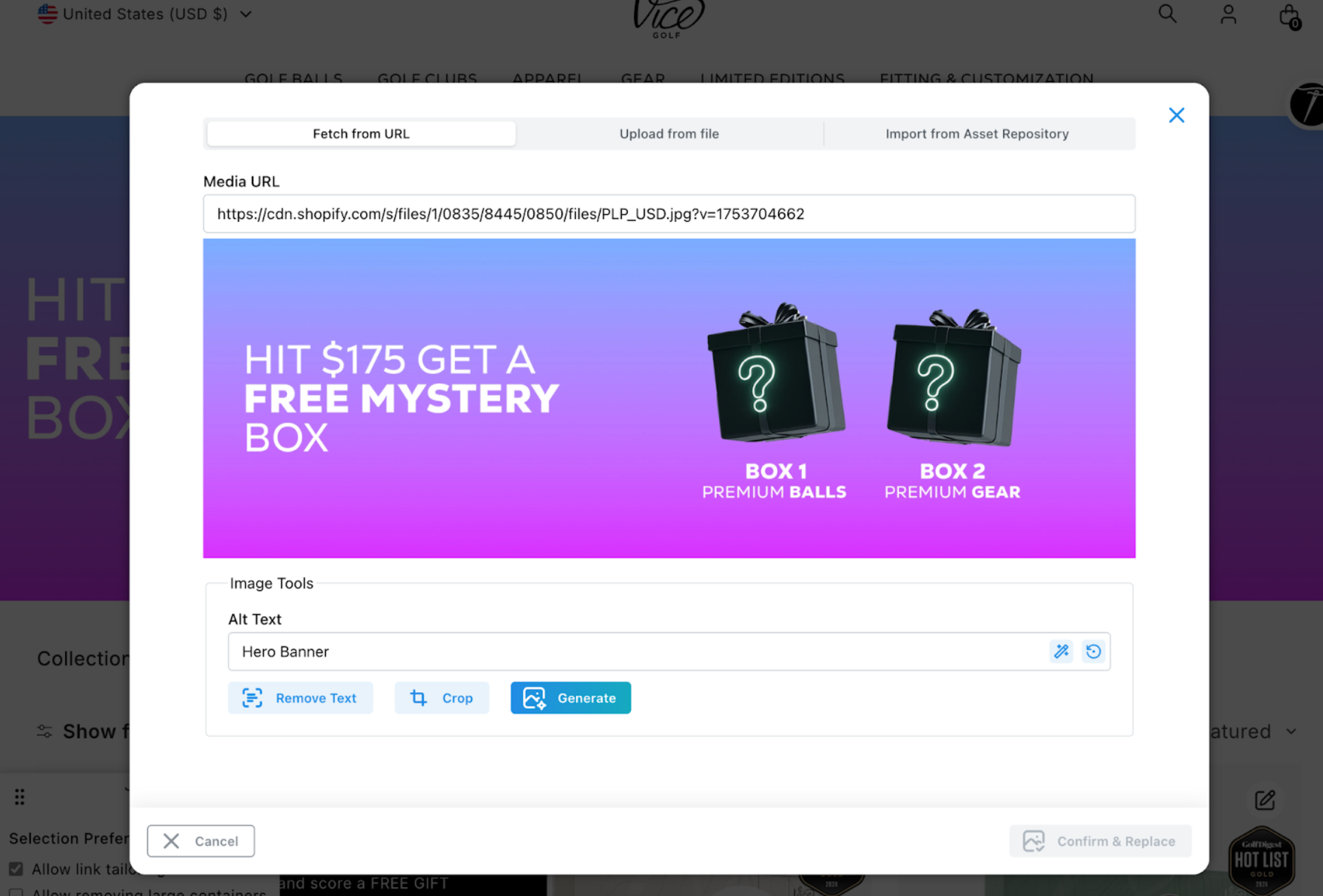 Image editing popup showing alt text field and editing options