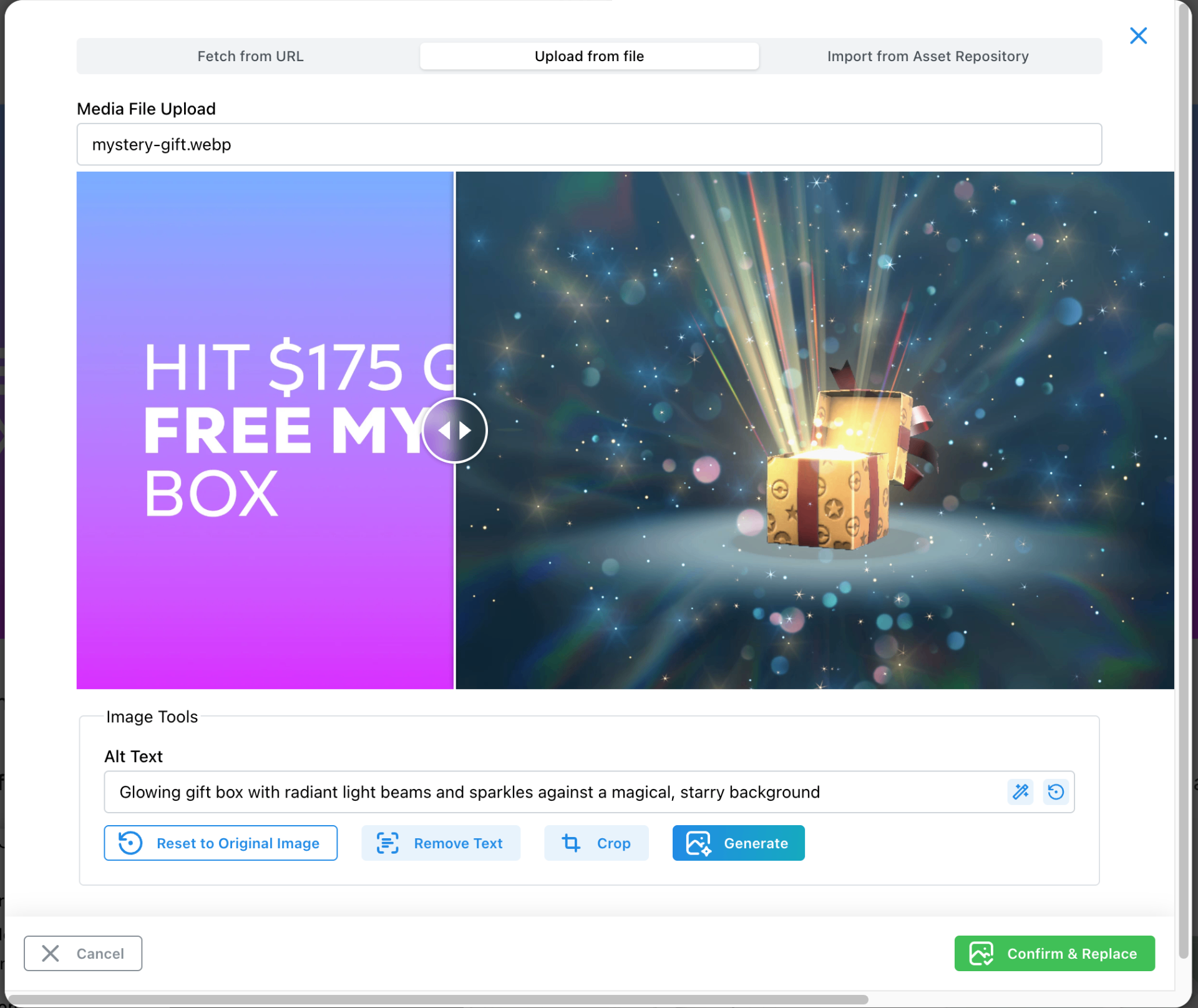 Media file upload interface showing auto-generated alt text for an uploaded image