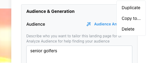 Tailor AI extension interface showing hamburger menu with Copy to... option along with Duplicate and Delete options